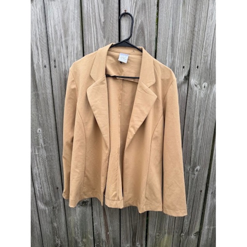 Business Casual Office Serra Knit Blazer Large Tan Camel Open Front Professional